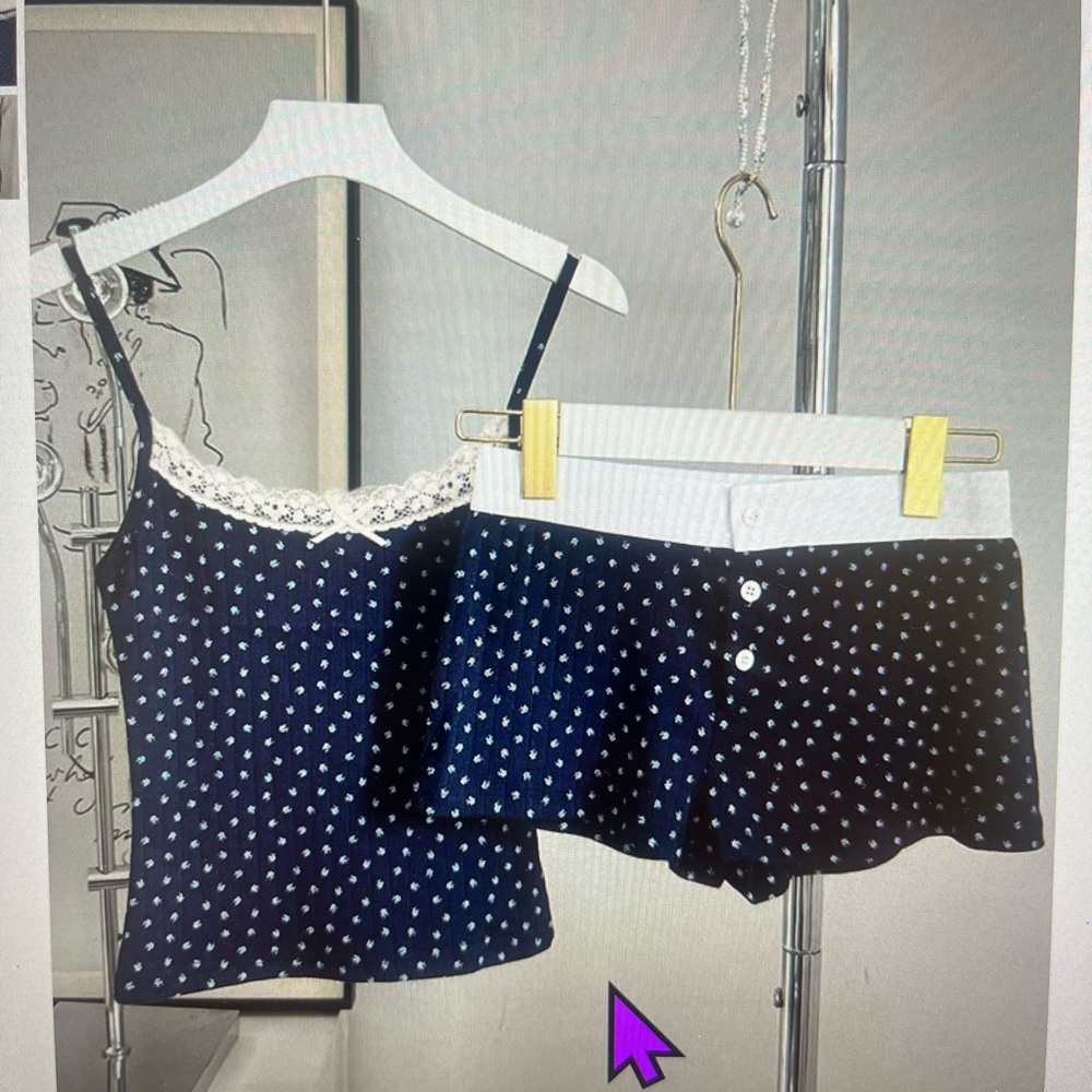 SHEIN Navy & White Floral Lace-Trim Cami and Button-Front Shorts Set